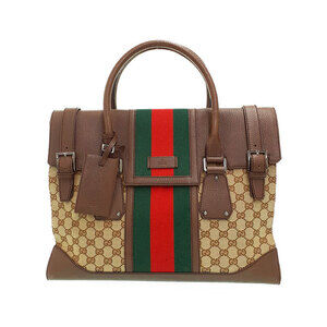 Gucci Sherry Line Boston Bag GG canvas body brown leather green red Web